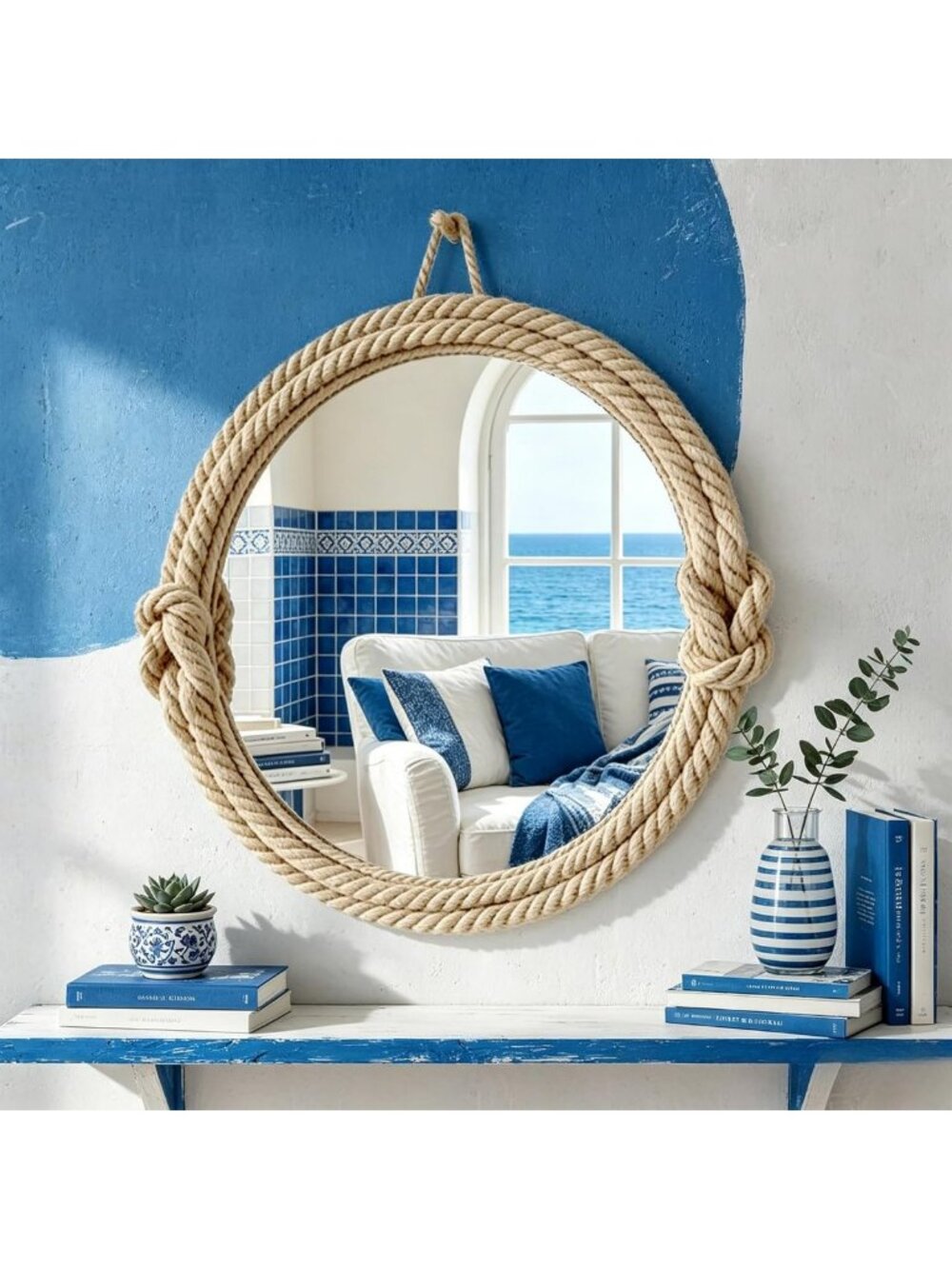 Coastal Round Hanging Mirror with Nautical Rope - Rustic Farmhouse Wall Decor